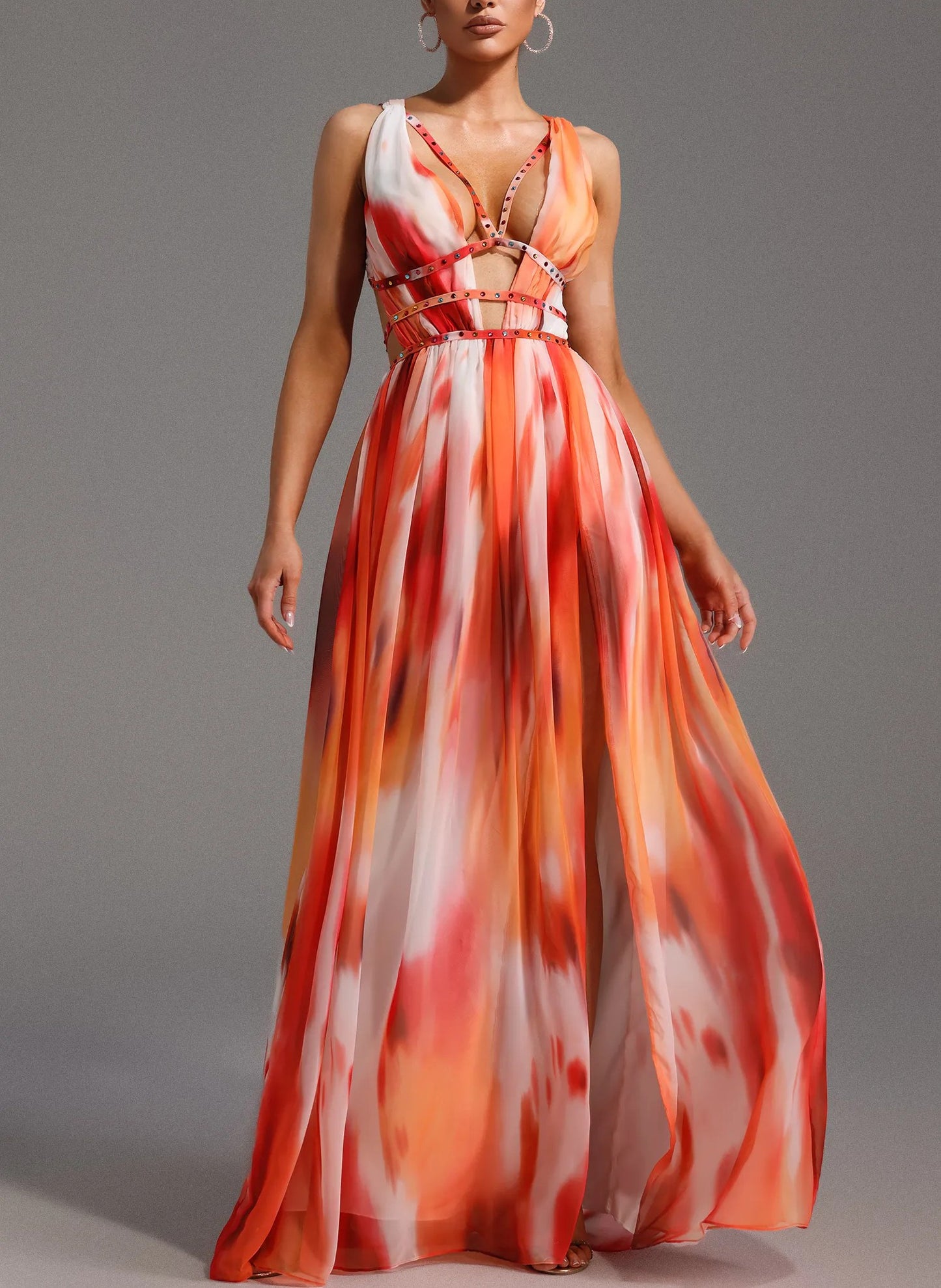 Deep V Neck Printed Cutout Maxi Dress