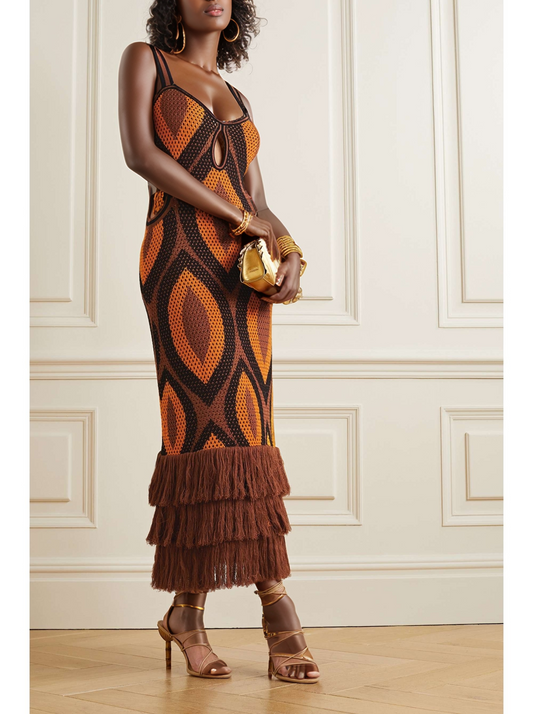 Cutout fringe knit maxi dress