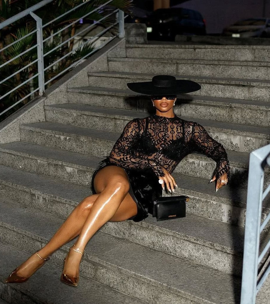 Black lace top and sequined skirt 2 piece set