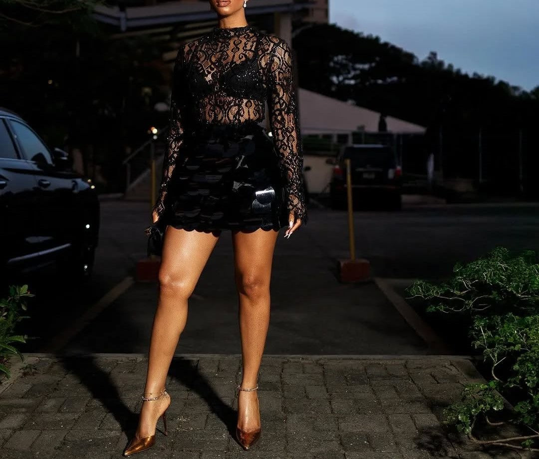 Black lace top and sequined skirt 2 piece set