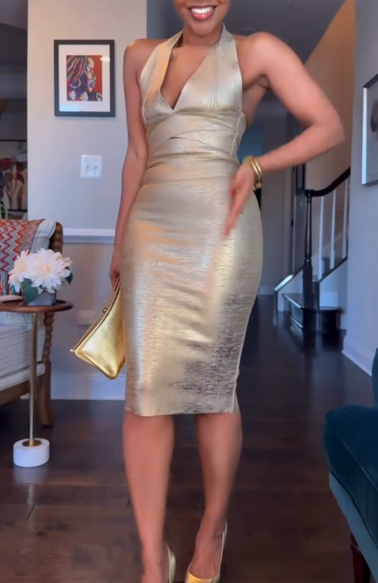 Gold V-neck halter dress