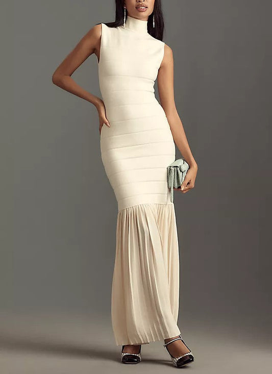 High Neck Fitted Pleated Maxi Dress