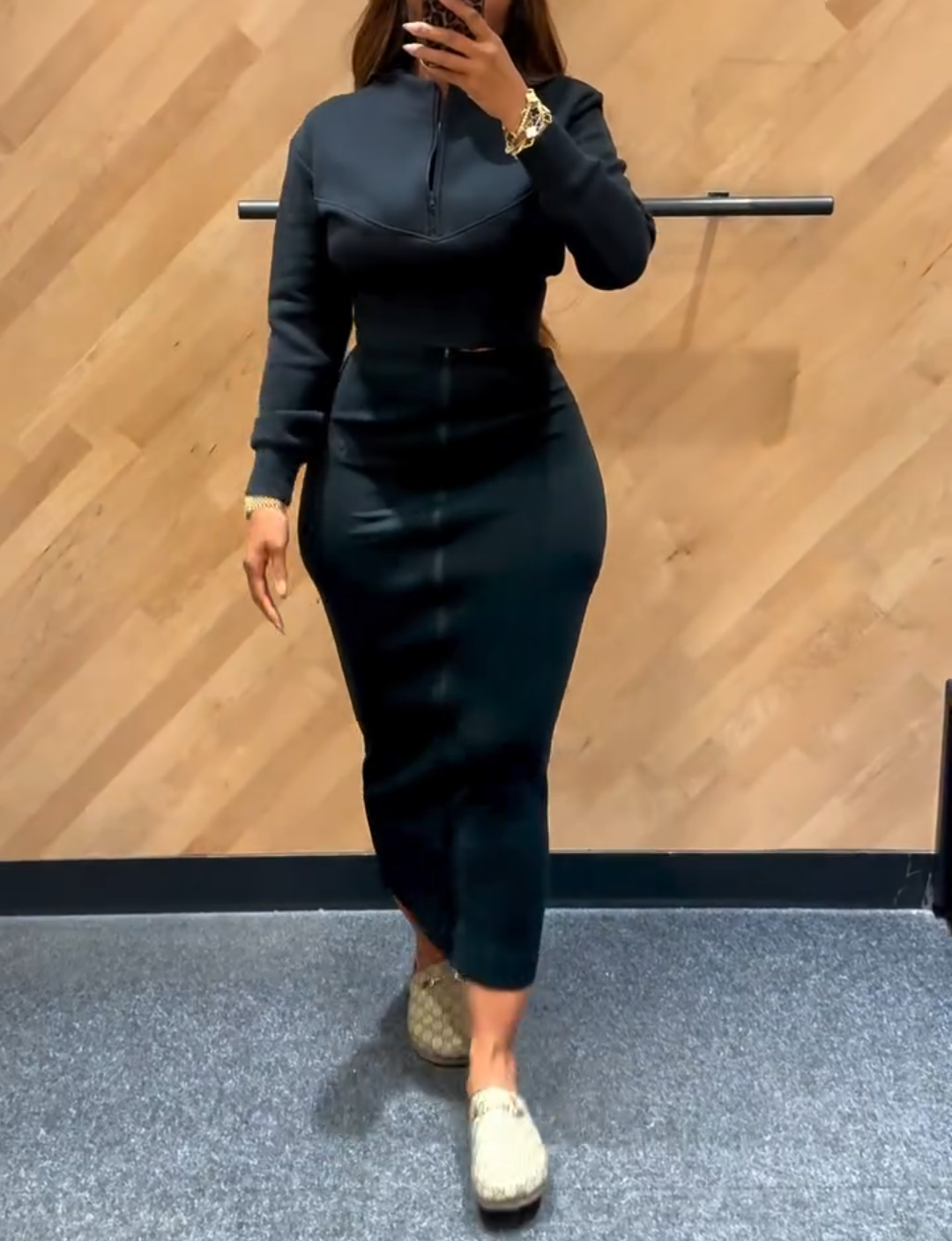 Long-sleeved half-zip top and skirt sporty set