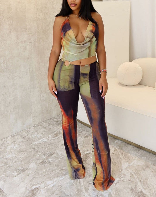 Good 4 U Print Mesh Cowl Neck Jumpsuit