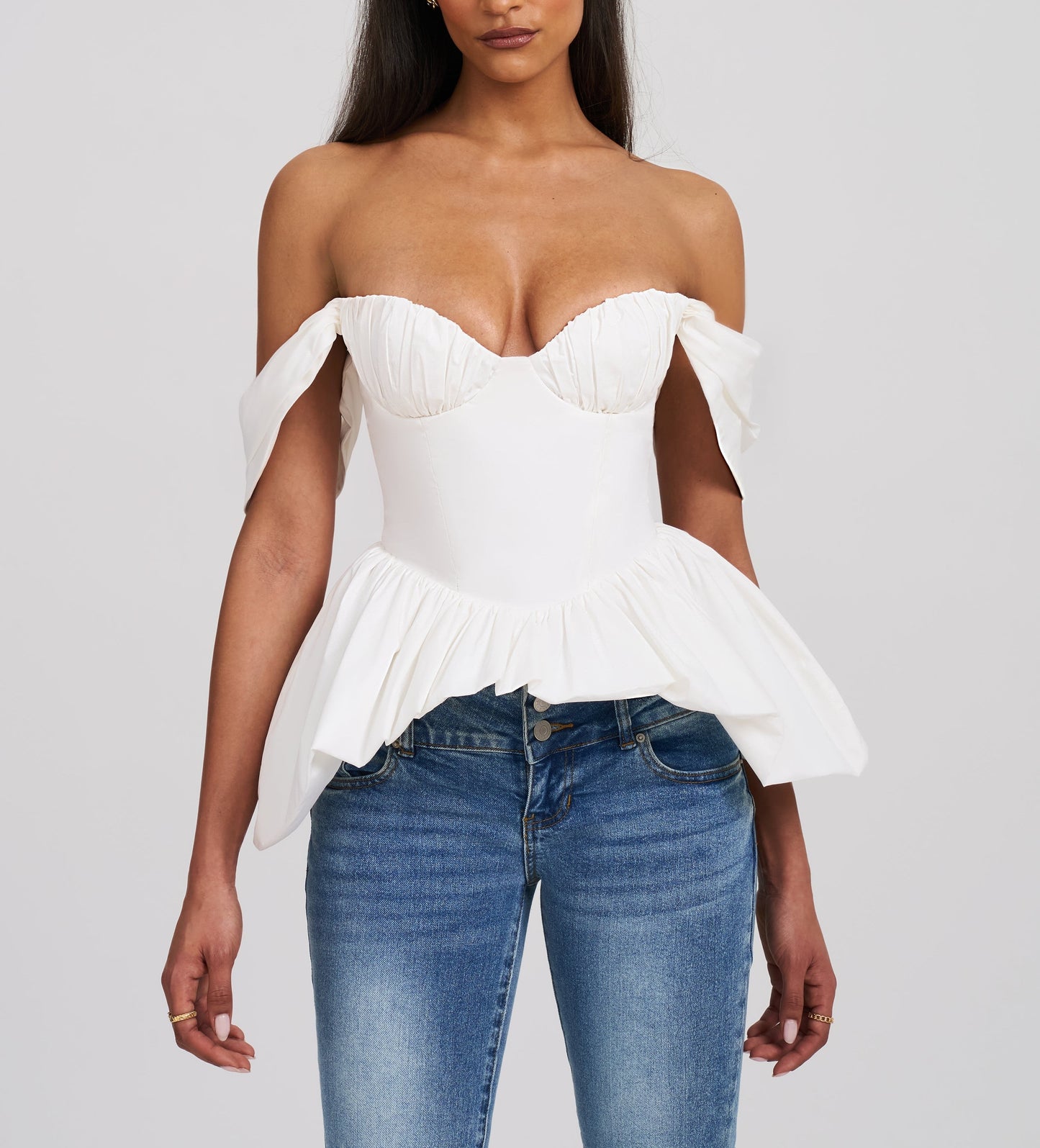 White Off-shoulder Bubble Hem Peplum Cotton Top