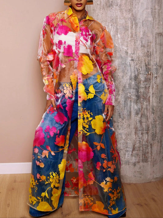 Floral see-through shirt dress