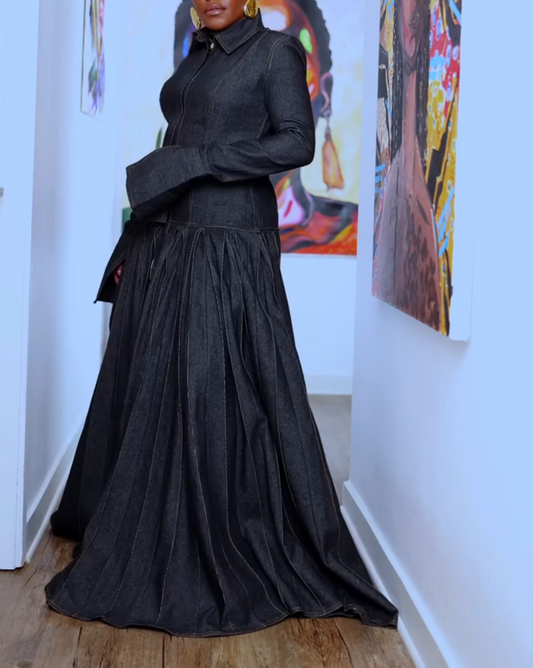 Pleated Flared Denim Maxi Dress