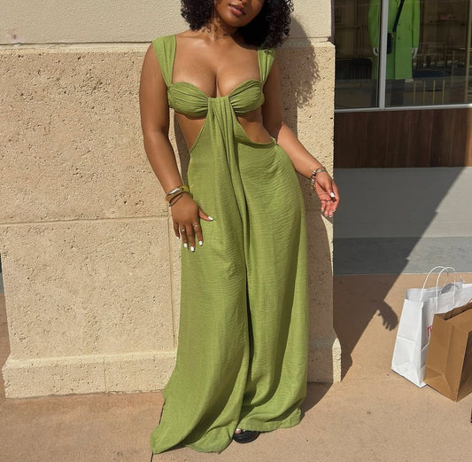Green Cutout Wide Leg Jumpsuit