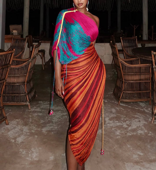 Colorful asymmetric tiger print slit dress