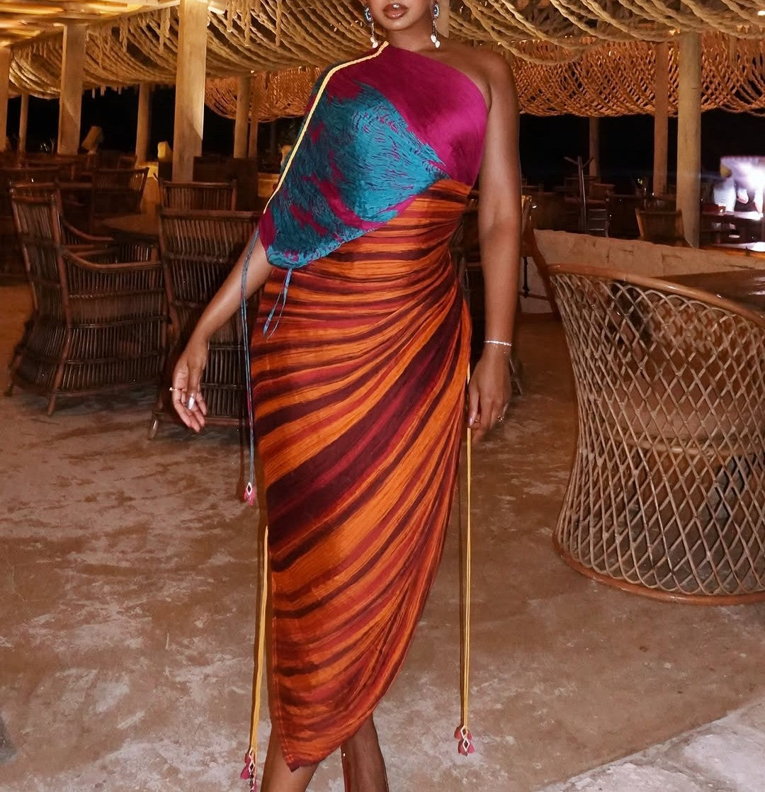 Colorful asymmetric tiger print slit dress