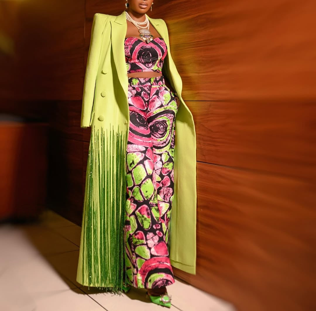 Green suit fringe long coat