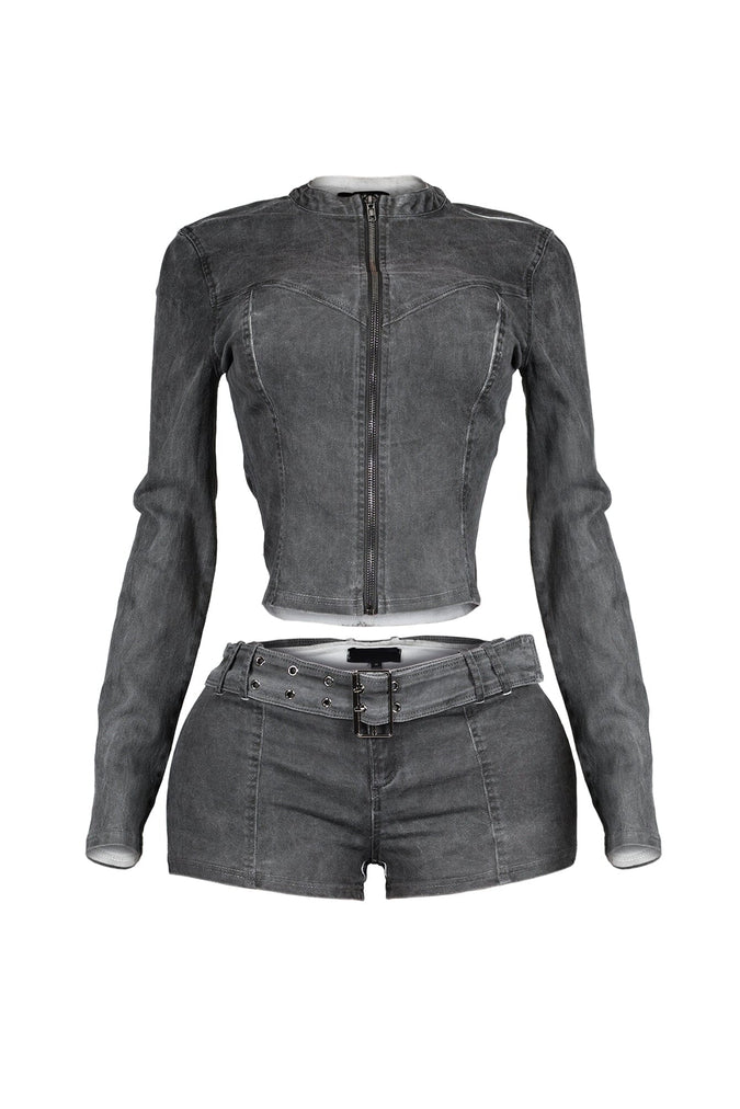 Washed Denim Zip Up Top & Shorts SET