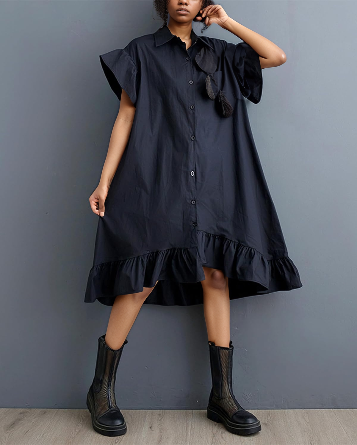 Women's Ruffle Floral V Neck Short Sleeve Shirt Dress