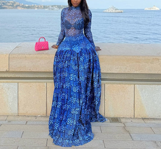 Blue Floral Long Sleeve Maxi Dress