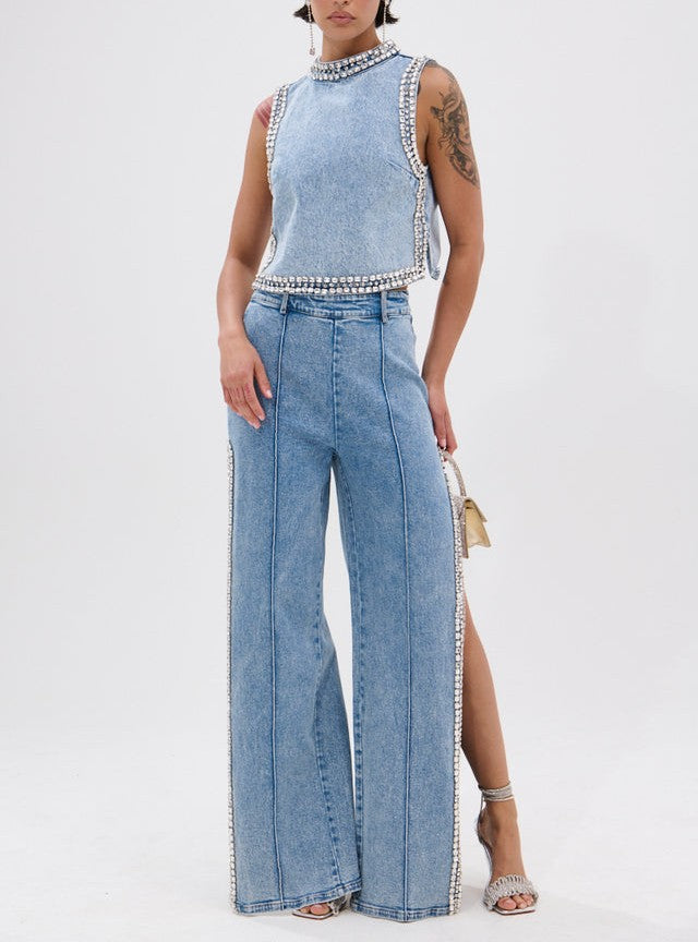 Popping Out Rhinestone Denim Shirt Jeans 2-Piece Set