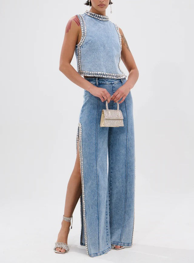Popping Out Rhinestone Denim Shirt Jeans 2-Piece Set