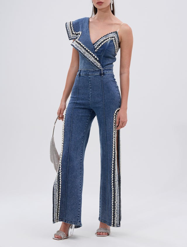 Luxury Denim Asymmetric Pearl Bodysuit + Side Slit Jeans