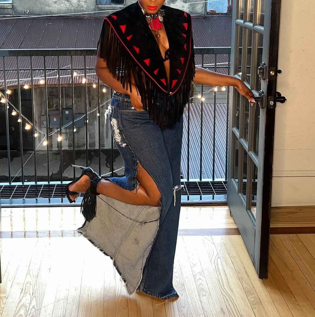 Suede fringed cape