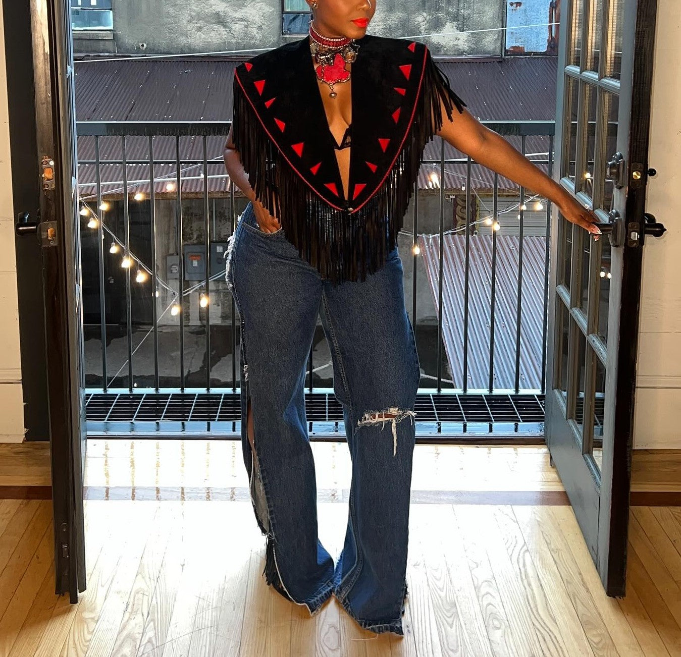 Suede fringed cape