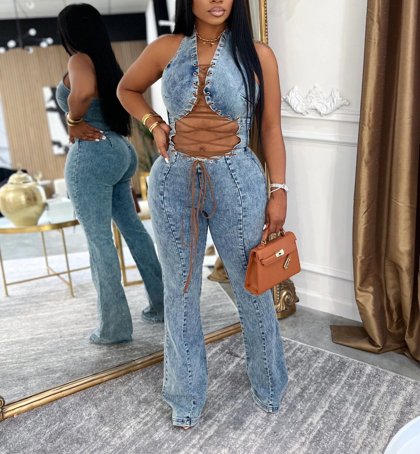 Shell Tie Denim Jumpsuit
