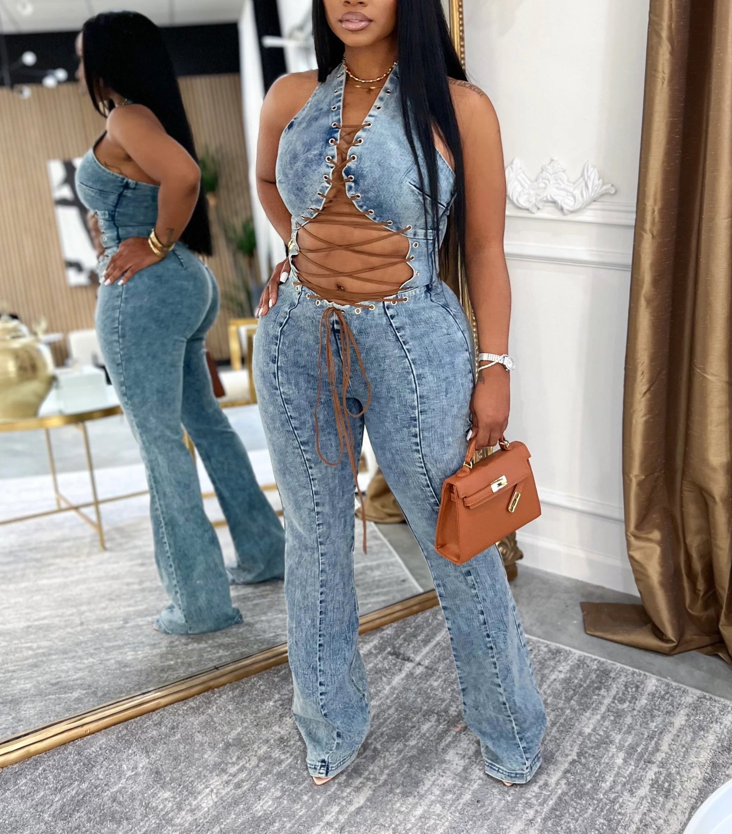 Shell Tie Denim Jumpsuit