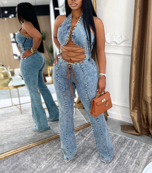 Shell Tie Denim Jumpsuit