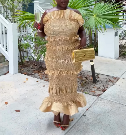 Off-the-shoulder ruffled maxi dress