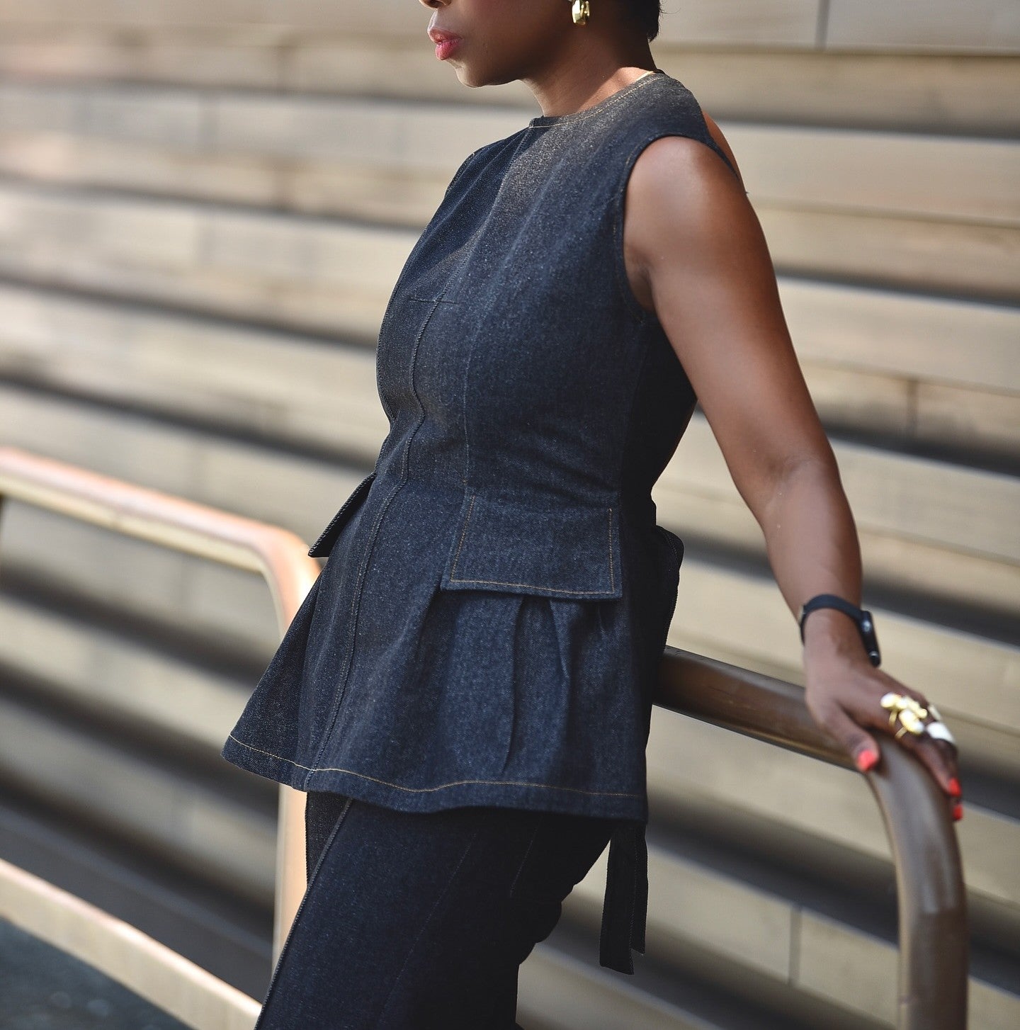 Backless Denim Peplum Two Pieces Set