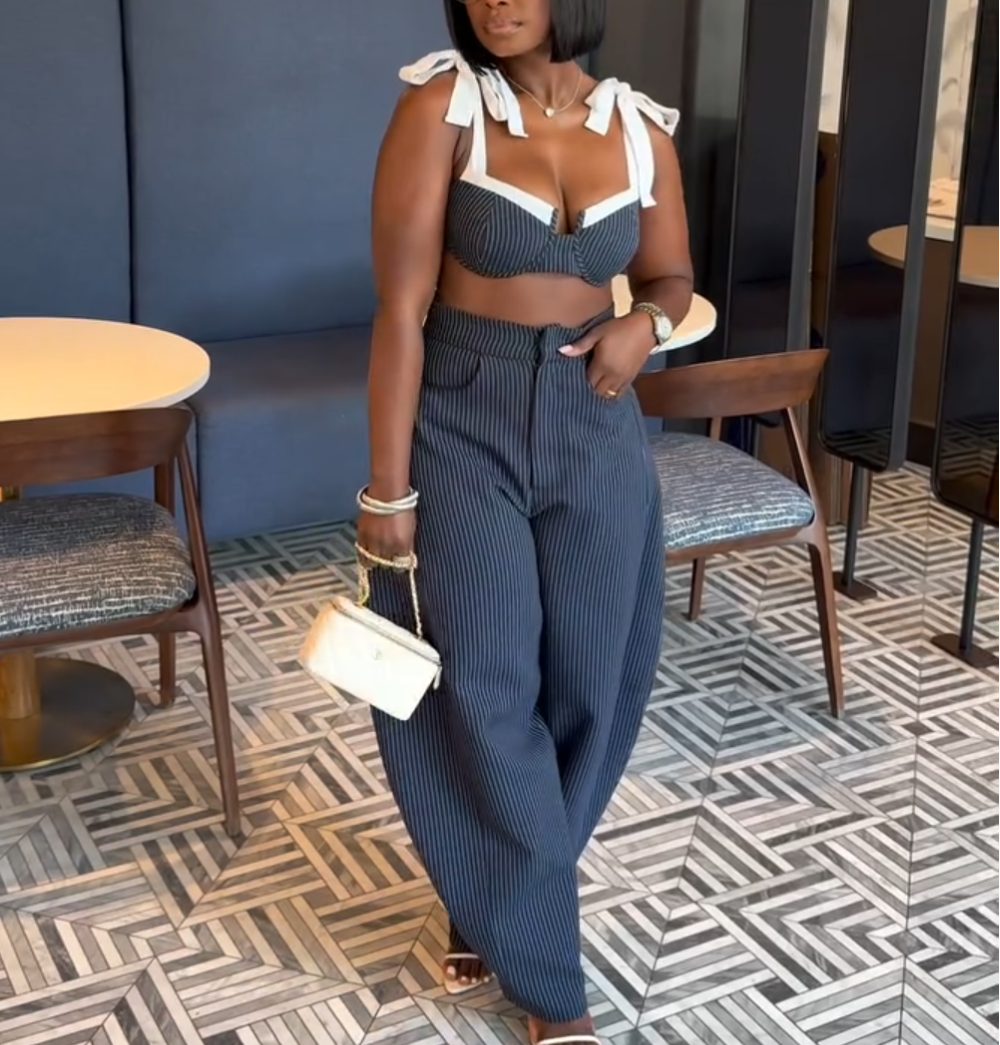 Pinstripe Poise Top and Pants 2-Piece Set