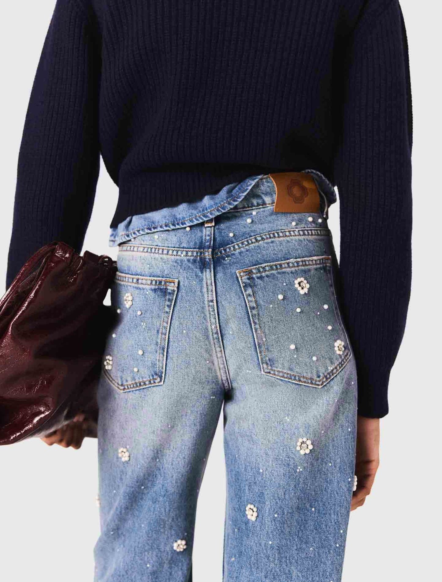 Wide-Leg Pearl Embroidered Jeans