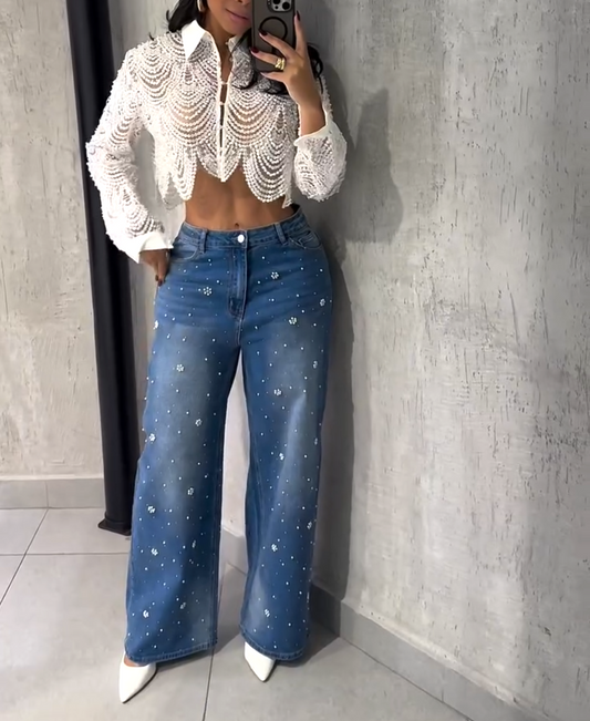 Wide-Leg Pearl Embroidered Jeans