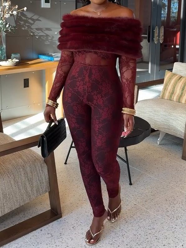 Lace Off Shoulder Faux Fur Jumpsuit