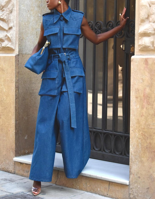 Denim Sleeveless Pockets Jumpsuit