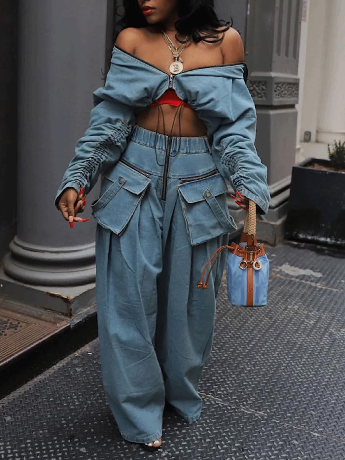 Denim Casual Jacket And Wide-Leg Pants 2-Piece Set