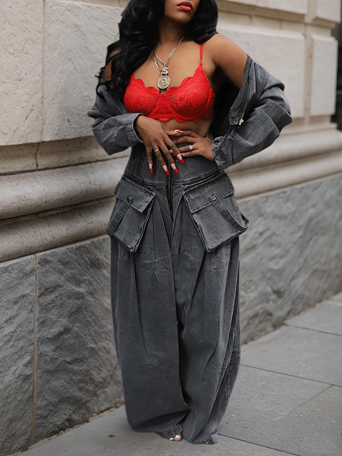 Denim Casual Jacket And Wide-Leg Pants 2-Piece Set