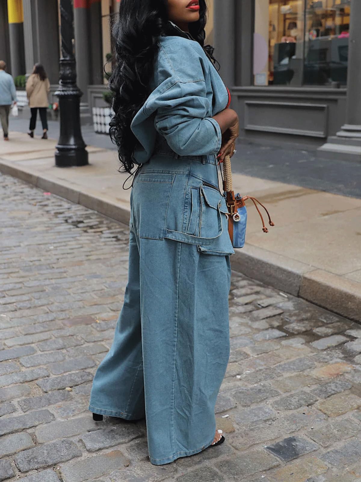 Denim Casual Jacket And Wide-Leg Pants 2-Piece Set
