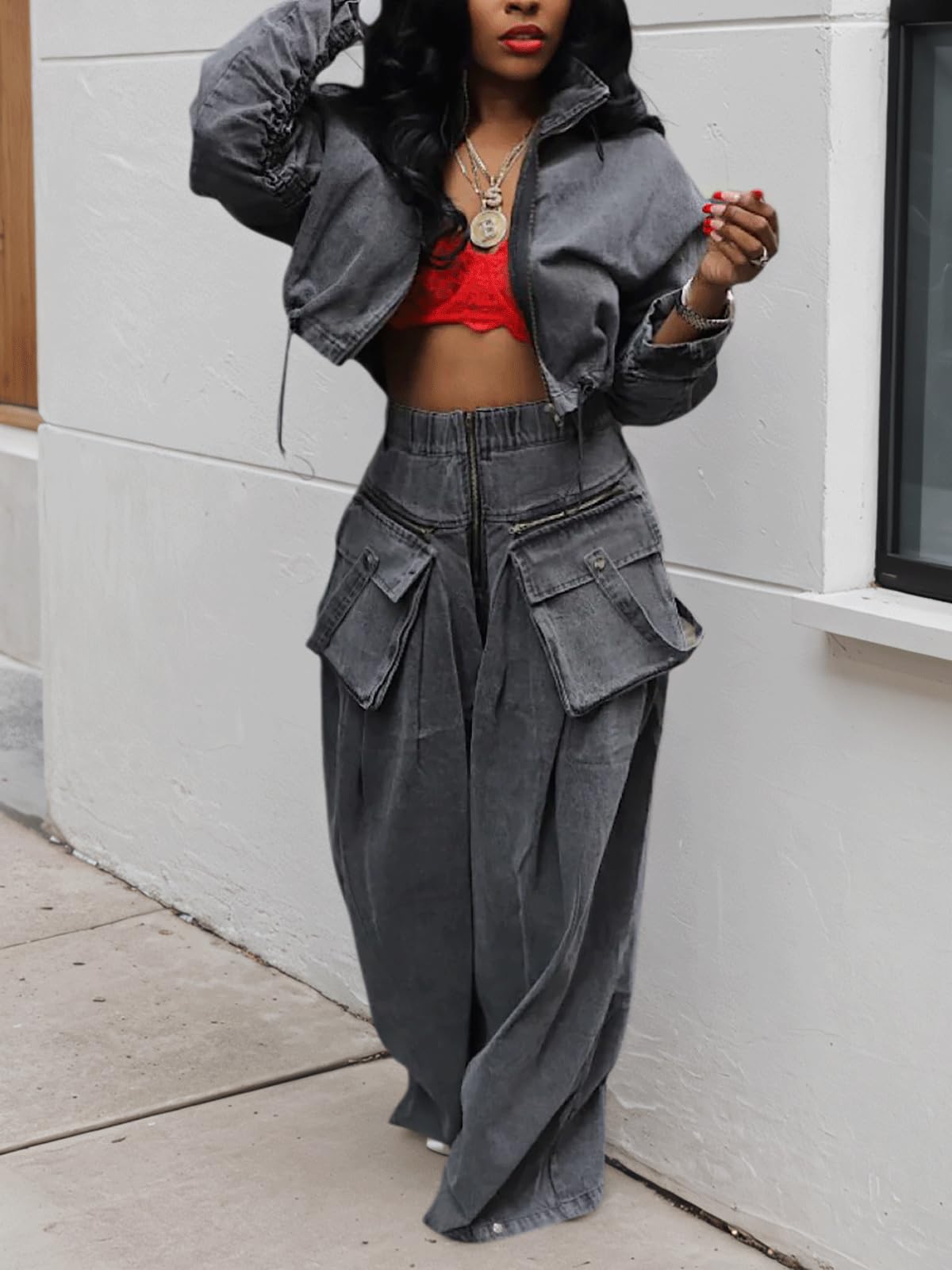 Denim Casual Jacket And Wide-Leg Pants 2-Piece Set