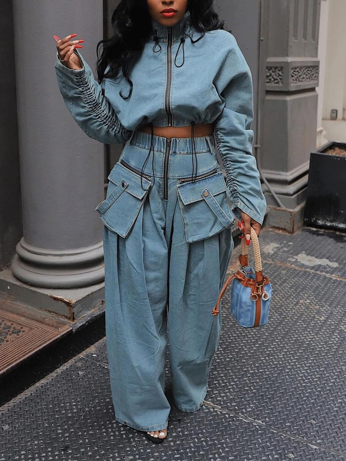 Denim Casual Jacket And Wide-Leg Pants 2-Piece Set