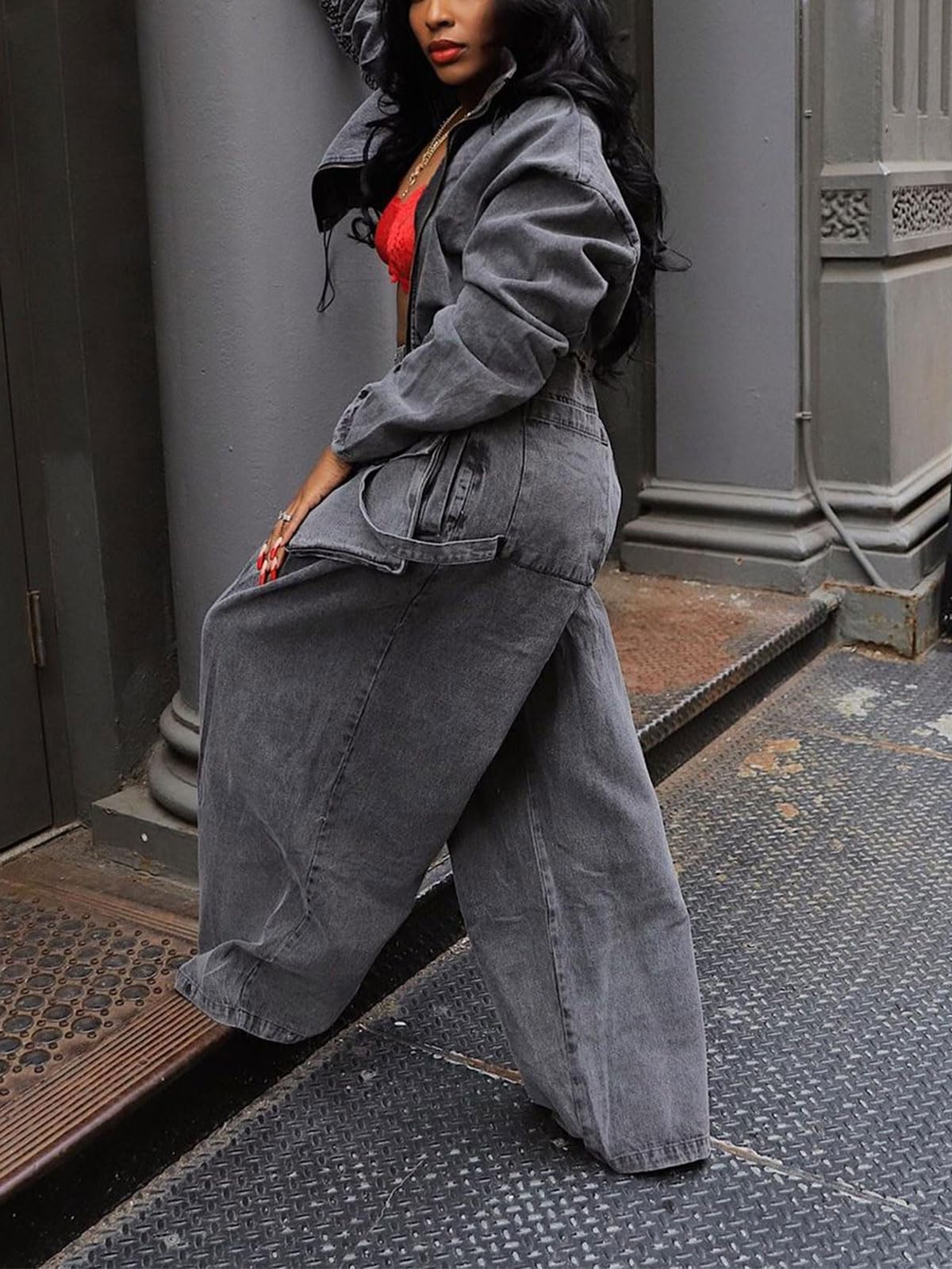 Denim Casual Jacket And Wide-Leg Pants 2-Piece Set