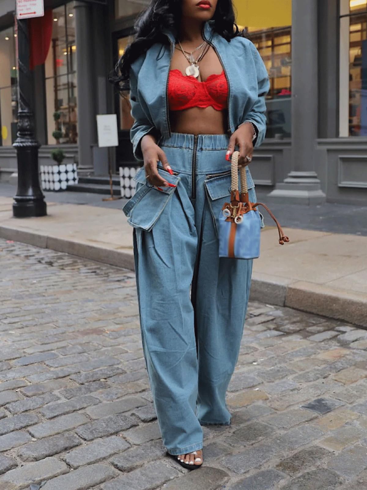 Denim Casual Jacket And Wide-Leg Pants 2-Piece Set