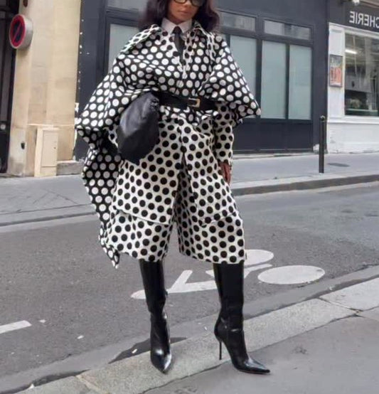 Polka Dot Bat Sleeve Loose Coat and Shorts Set