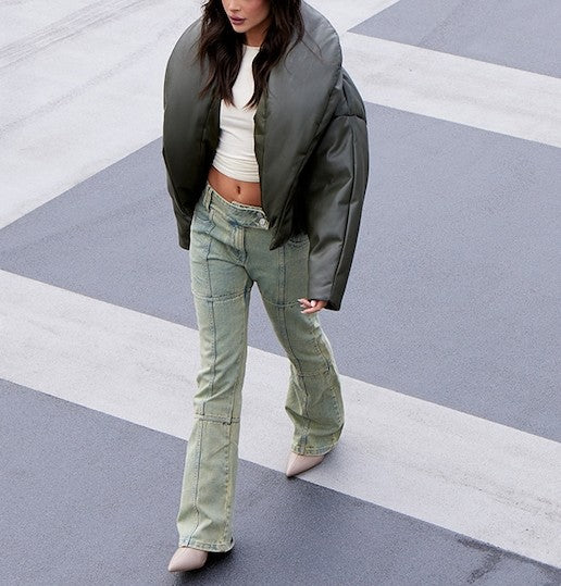 Exaggerated Collar PU Cropped Puffer Coat