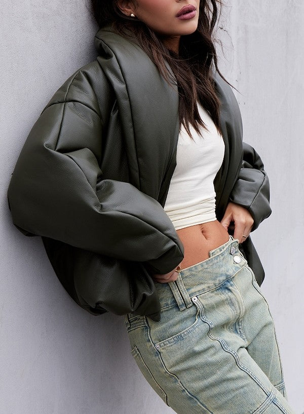 Exaggerated Collar PU Cropped Puffer Coat