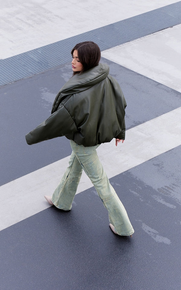 Exaggerated Collar PU Cropped Puffer Coat