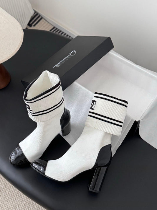 Double-C Patent Leather Knitted Ankle Boots