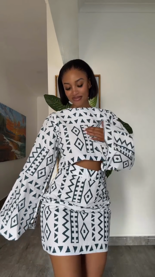 Bell Sleeve Printed Top and Skirt 2-Piece Set