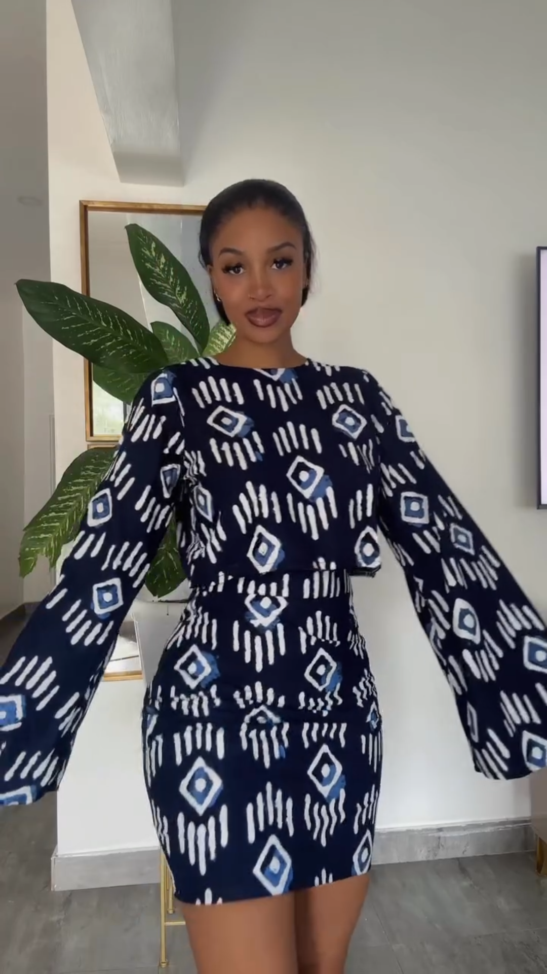 Bell Sleeve Printed Top and Skirt 2-Piece Set