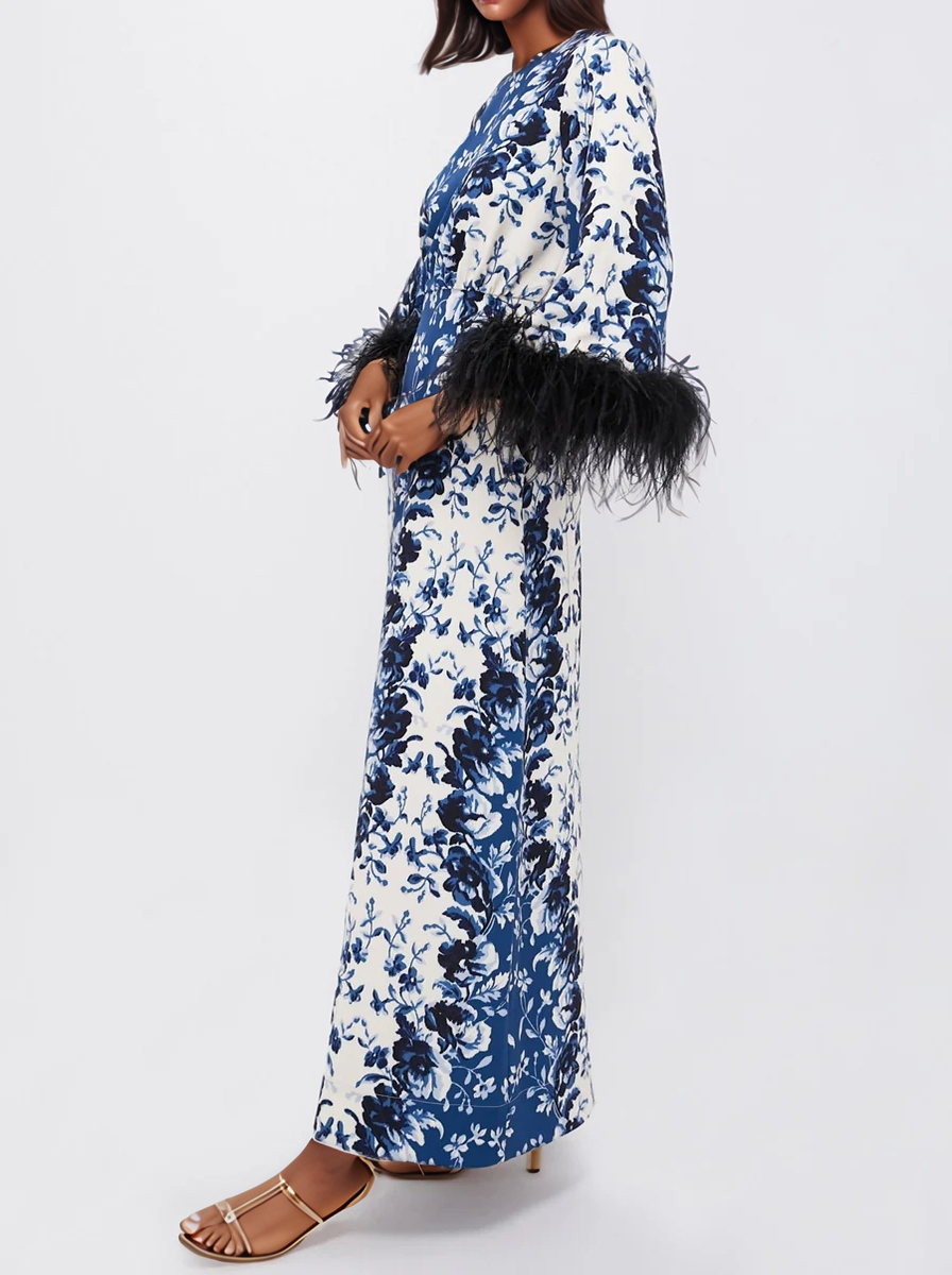 Feather Cuffs Printed Maxi Dress