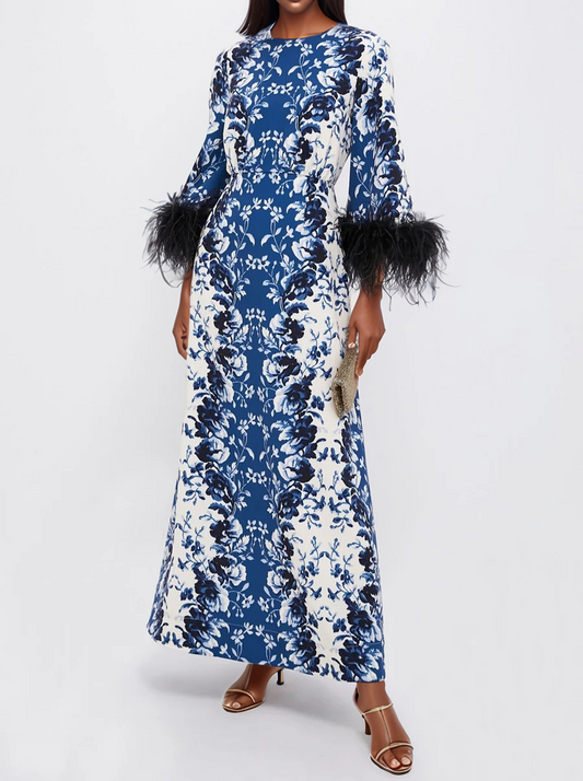 Feather Cuffs Printed Maxi Dress
