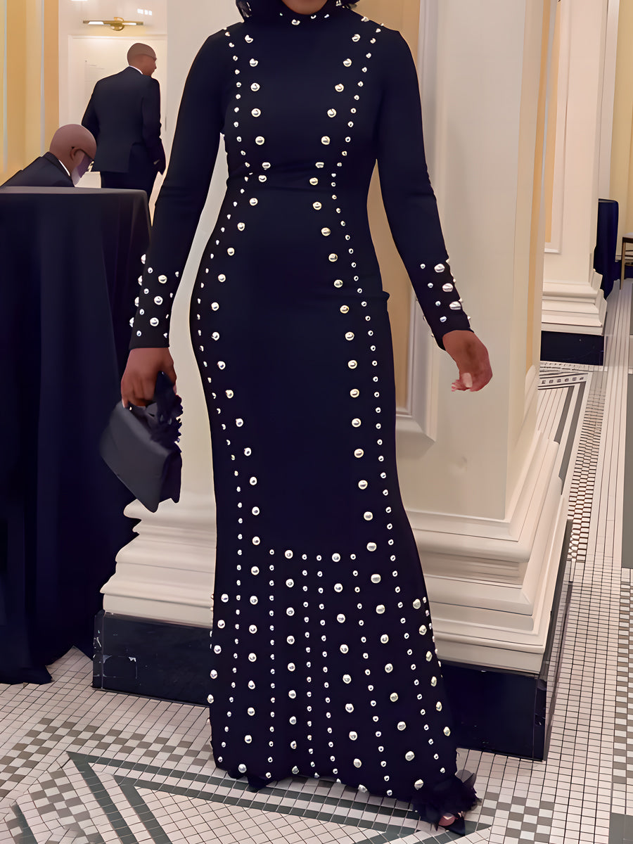(⏰Last Day Promotion $10 OFF)Elegant Mock Neck Studded Maxi Dress